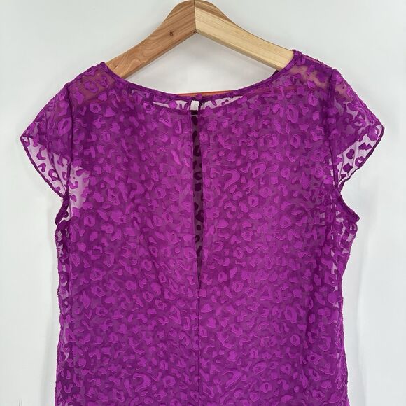 WHBM Top Large Women's Purple Sheer Leopard Print Burnout Shorts Sleeve Hi-Lo - Picture 5 of 10